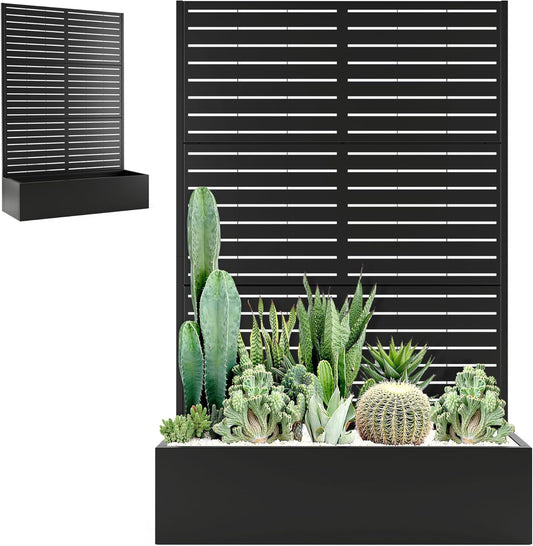 Metal Planter Box with Trellis Privacy Screen, Large Raised Garden Beds with Trellis for Climbing Vegetables Plants, Privacy Planters with Drainage Holes for Patio (47"L×16"W×71"H, Black Blinds)