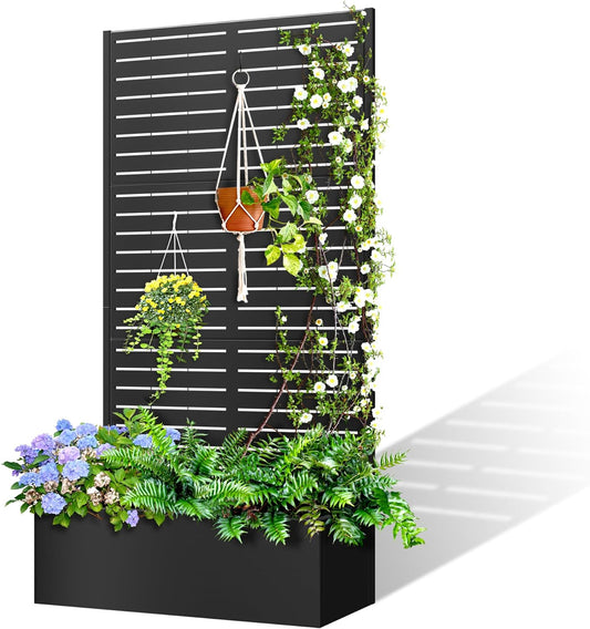 71"x35"x16" Metal Planter Box with Trellis Raised Garden Bed, Trellis with Planter Box & Privacy Screen, Outdoor Raised Garden Bed for Climbing Plants, Vegetable, Vines (Black, Louvered)