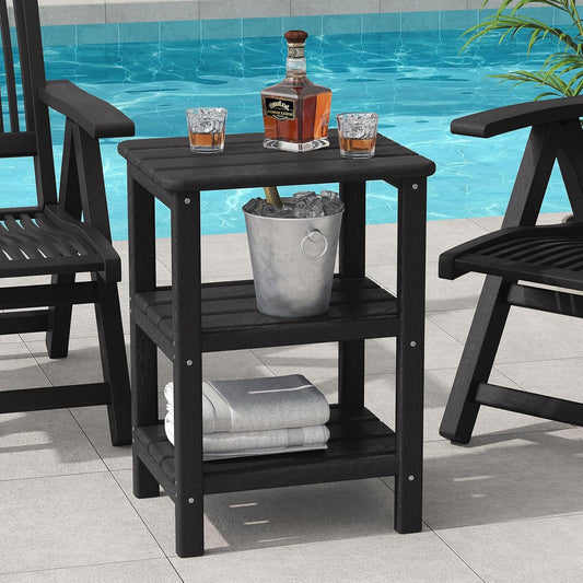 3 Tier Outdoor Side Table Adirondack Side Table HDPE End Table Patio Side Table Rectangle Tables for Outdoor Backyard Garden Balcony (Retro, Black)